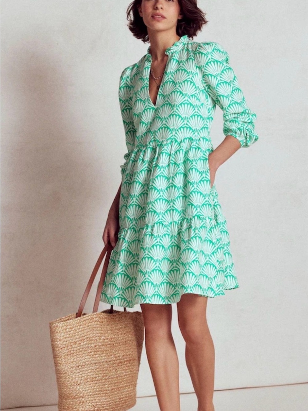 Boden Esme Linen Dress Green White Shell Print Size US 16-18L UK 20L